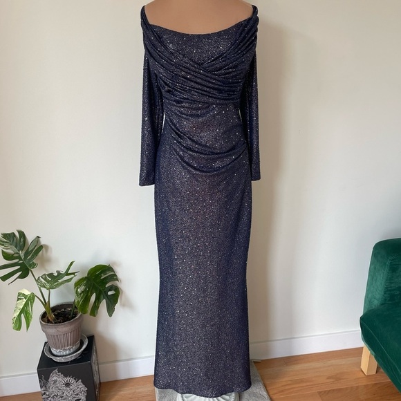 Talbot Runhof Mermaid Royal Navy Glitter Sequin Off The Shoulder Metallic Gown 8 - Picture 3 of 12